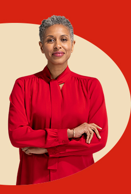 A State Farm agent in red blouse and scarf smiles